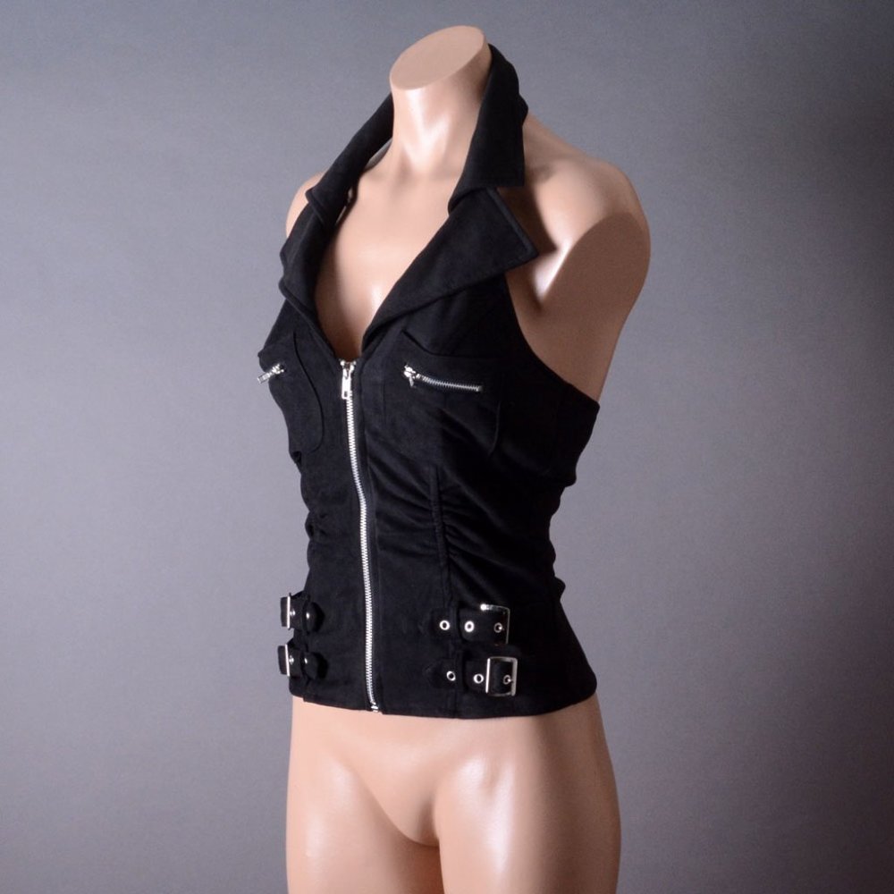 Black Halter Womens Moto Biker Punk Motorcycle Buckle Steampunk Vest Top Shirt - Picture 7 of 8
